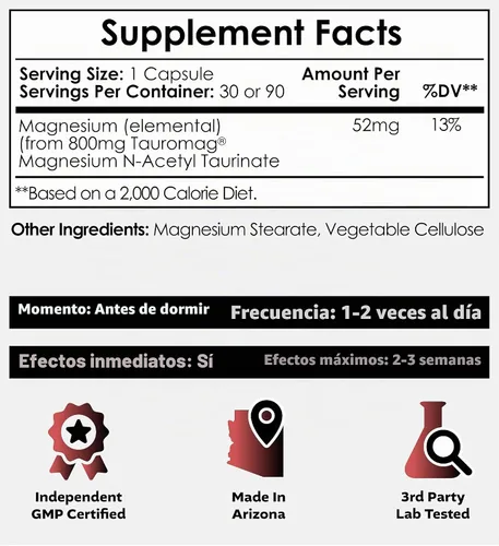 Vista 2 de Nootropics Depot Tauromag Cápsulas 800 mg de magnesio N-acetil taurinato 30