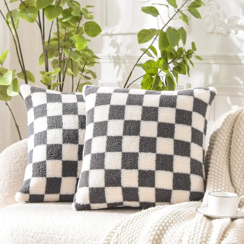 Vista 8 de WACOMECO Fundas de almohada decorativas – Fundas de cojín suaves de Sherpa de piel sintética a cuadros para sofá, dormitorio, sala de estar