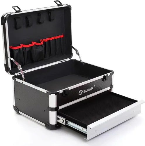 Vista 8 de E ELIAUK Caja de herramientas con estuche rígido, organizador de almacenamiento, maleta de transporte, caja de herramientas con cajones, color negro