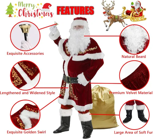 Vista 2 de ALANANO Deluxe Santa Claus Costume 12 pcs Christmas Velvet Santa Suit for Men