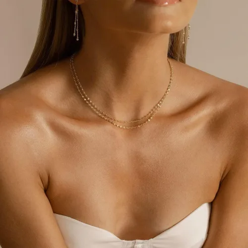Vista 4 de Delicado collar de cadena para mujer, chapado en oro de 18 quilates, gargantilla de disco de moneda, collar simple de cadena trenzada con cuentas