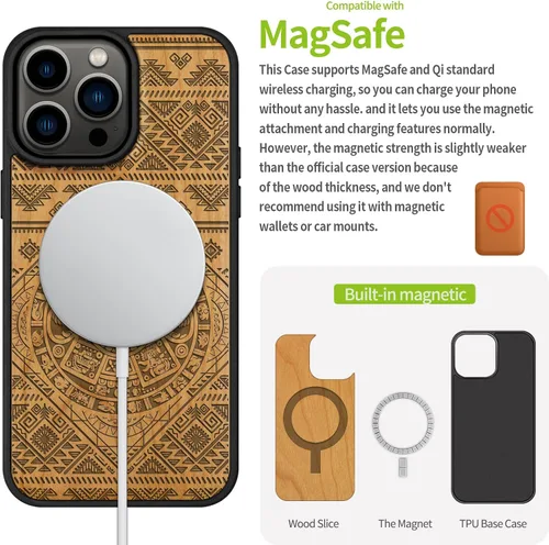 Vista 5 de Carveit - Funda de madera para iPhone 15 Pro Max, calendario azteca, cereza Magnetic iPhone 15 Pro Max Case Compatible with MagSafe Wireless