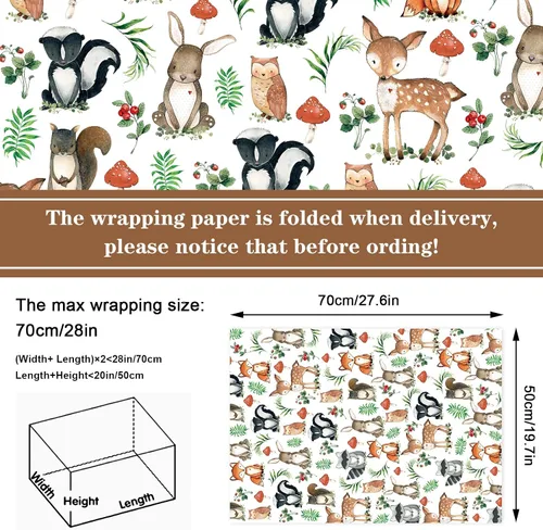 Vista 2 de AnyDesign 12 hojas de papel de regalo de criaturas del bosque, papel de regalo de eucalipto de animales de la selva, papel de arte plegado plano
