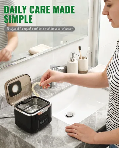 Vista 2 de Limpiador ultrasónico de retenedores, limpiador de retenedores dentales portátil de 48 kHz con capacidad de 8.1 fl oz, limpiador bucal digital