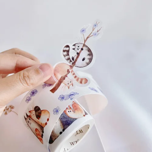Vista 3 de WT Chonky Cat Washi - Juego de calcomanías de cinta Washi, 4 rollos, diseños originales, calcomanía decorativa de acuarela de lindo gato, calcomanía
