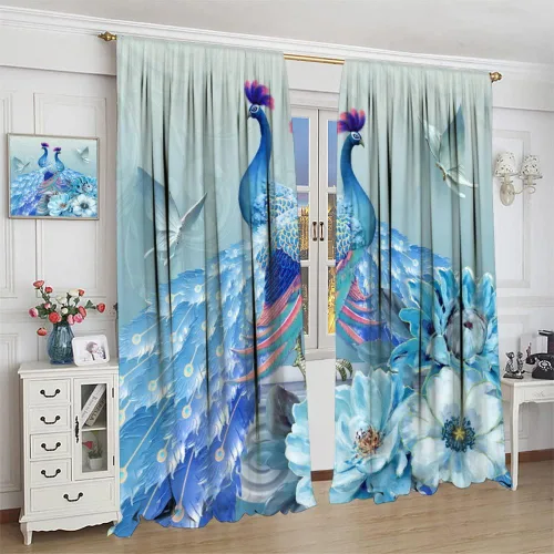 Vista 4 de Cortinas opacas de pavo real, hermoso patrón de estampado de flores de pavo real azul, estampado de mariposas y pavo real, juego de 2 paneles