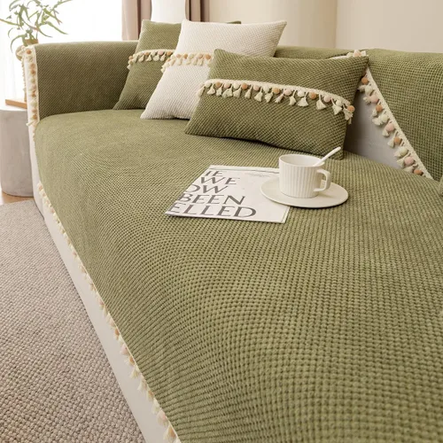 Vista 5 de vctops Funda de sofá bohemia con borlas con pompones, funda de sofá modular de pana súper suave, antideslizante, lavable, protector de muebles Verde
