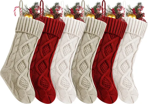 Vista 10 de Fesciory Calcetines de Navidad, paquete de 6 calcetines de punto grandes de 18 pulgadas y decoración para fiestas familiares de Navidad, borgoña