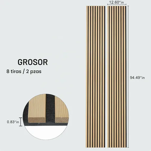 Vista 4 de ROOMTEC Paquete de 2 paneles acústicos de pared de madera maciza, paneles de pared insonorizados de 94.49 x 12.6 pulgadas, paneles de pared de Roble