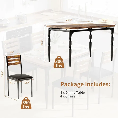 Vista 2 de IDEALHOUSE Juego de mesa de comedor de 5 piezas, juego de mesa de comedor y sillas de estilo industrial para 4, juego de mesa de cocina para Marrón