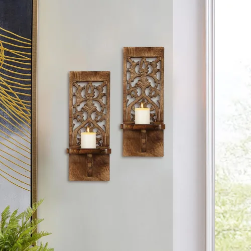 Vista 4 de Juego de 2 apliques de velas rústicos para montaje en pared - Portavelas de pilar de estante flotante de madera, decoración de pared de granja
