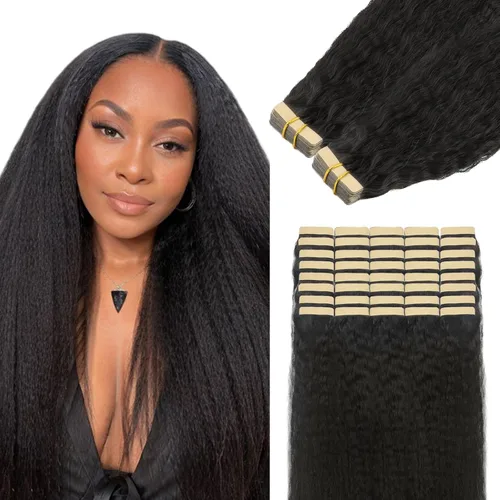 Vista 38 de Extensiones de cabello Lashey de 14 pulgadas; extensiones de cabello humano real lacio color negro azabache con trama adhesiva para mujeres, 20