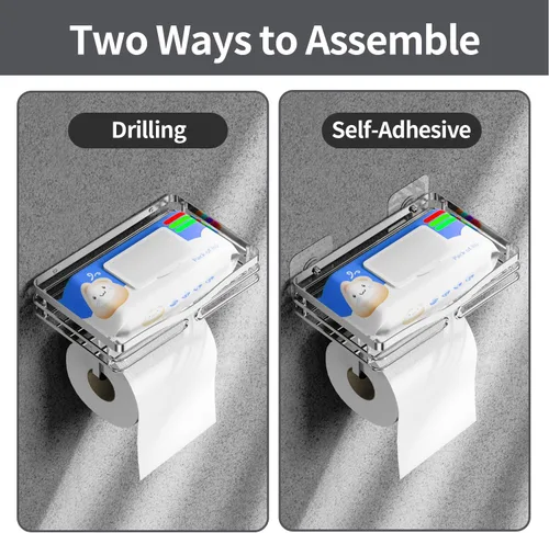 Vista 2 de Soporte de papel higiénico con estante de almacenamiento, cepillado, montaje sin taladros, se adapta a toallitas húmedas de tamaño Costco, para baño