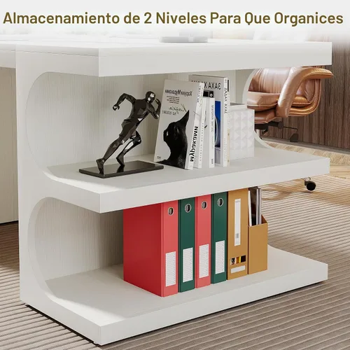 Vista 6 de Tribesigns Escritorio de oficina ejecutivo blanco, escritorio de computadora de 63 pulgadas con estantes de almacenamiento, mesa de estudio