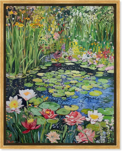 Vista 8 de Art Remedy Impresionista estanque enmarcado impresionismo, arte de pared en lienzo de 1 pieza, arte inspirado en Monet y Van Gogh, 17 x 21 pulgadas