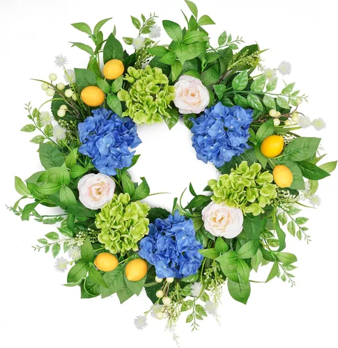 Vista 10 de Vlorart Coronas Artificiales de Primavera y Verano de Navidad de Vegetación Verde para Puerta Delantera Corona de Hojas de Eucalipto Verde