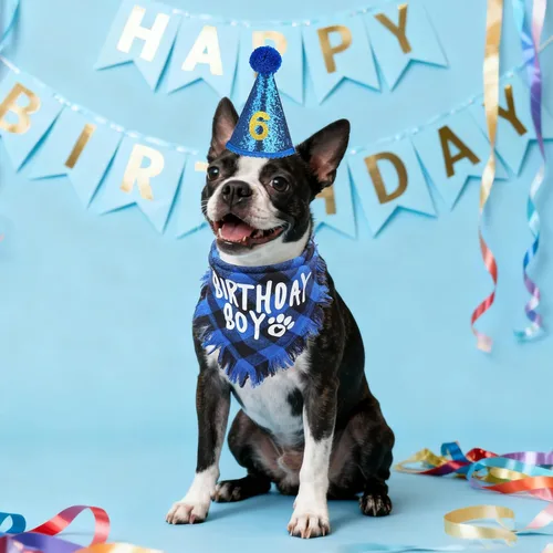Vista 2 de SCENEREAL Suministros para fiesta de cumpleaños para perros, bandana de cumpleaños para perro, juego de collar de pajarita con números de Niño azul