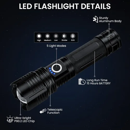 Vista 9 de BEFAMALI Paquete de 4 linternas recargables de alto lúmenes, luz de flash de 99000 lm, linternas LED brillantes ajustables con 5 modos y cable USB