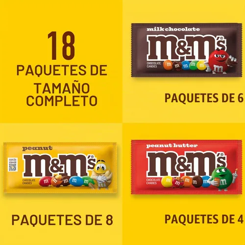 Vista 5 de Paquete de M&M's variados. Real Milk Chocolate, Peanut, and Peanut Butter Candy, Individually Wrapped Packs for Sharing at Parties, Baking and