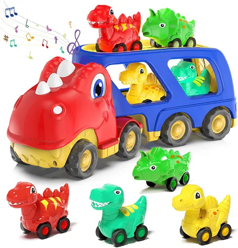 Vista 7 de Veslier Juguetes de Dinosaurio para Niños de 2-4 y 3-5 años con 6 Vehículos de Coche de Dinosaurio, Camión Transportador de Dino con Música y Sonido