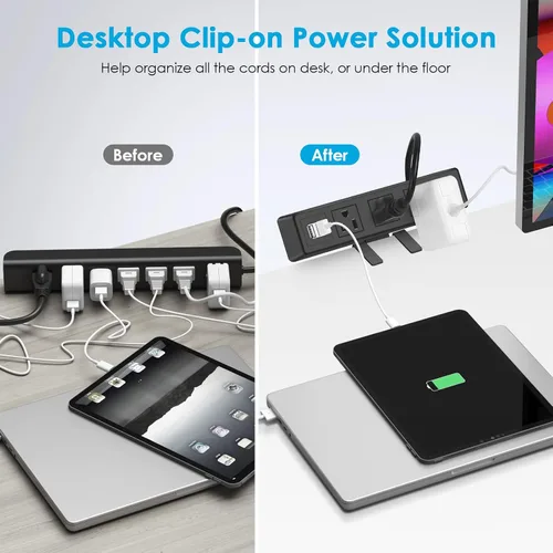 Vista 3 de Regleta de alimentación con abrazadera de escritorio de 3 salidas de CA, estación de alimentación de carga USB de montaje en escritorio, enchufe