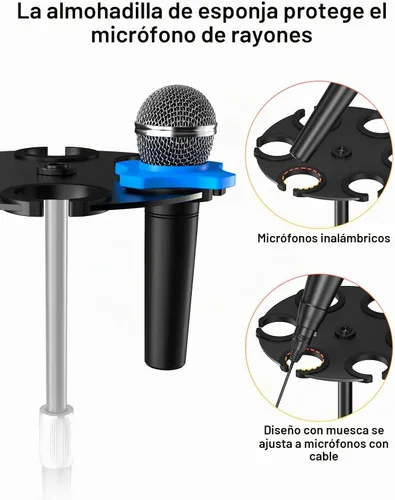 Vista 4 de Soporte para múltiples micrófonos de hasta 6 micrófonos (acolchado de aluminio/goma) para micrófonos dinámicos, con cable e inalámbricos