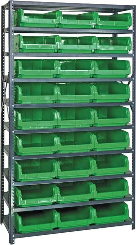 Vista 348 de Quantum QSBU-245BK Heavy Duty Shelving Unit with (7) Shelves and (24) QUS245 Black Bins for Garage Warehouse Storage Distribution 400 lb Load