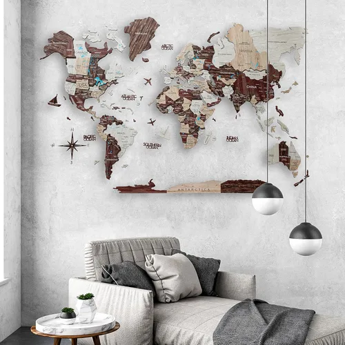 Vista 4 de Mapa del mundo de madera 3D, decoración de la casa, sala de estar, arte de pared 3D para el hogar, oficina, decoración de pared de madera, mapa