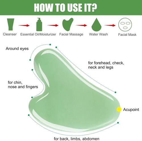 Vista 4 de esur Jade Gua Sha Juego de herramientas faciales, paquete de 2 herramientas Guasha para masajeador facial, raspador facial de piedra de jade natural