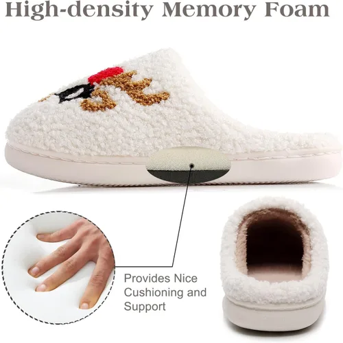 Vista 3 de Menore Pantuflas de Navidad con reno para mujer y hombre, pantuflas de felpa cálidas de Papá Noel, pantuflas de casa mullidas, regalos de Navidad
