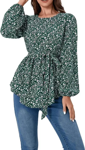 Vista 3 de MakeMeChic Camisa de maternidad floral de manga larga con cinturón para embarazo, blusa peplum