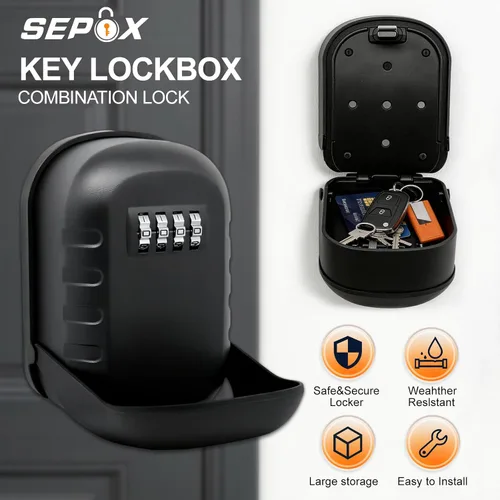 Vista 5 de SEPOX® Caja de metal con cerradura de llave de 2 piezas con combinación de 4 dígitos, espacio extragrande, capacidad de 6 a 10 llaves, cubierta