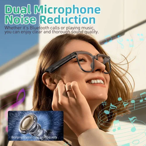 Vista 5 de Lentes inteligentes AI con cámara, 8MP HD Bluetooth gafas con reducción de ruido ENC, lentes reemplazables, control de voz, reproducción de música