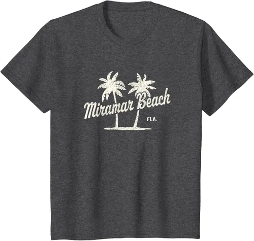Vista 34 de Miramar Beach Florida Vintage 70s Palm Trees - Camiseta gráfica, Azul / Patchwork, S
