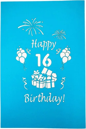 Vista 8 de iGifts And Cards Tarjeta desplegable 3D de cumpleaños de 16 años, regalos coloridos y escena de celebración de globos, divertido saludo