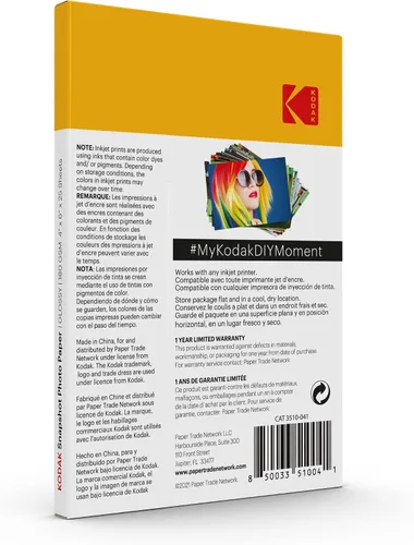 Vista 3 de KODAK Papel fotográfico brillante 4 x 6 SNAPSHOT 25 unidades, 48lb-180 g/m 0.1-0.3 fl oz (41303). Este producto no es compatible con la impresora