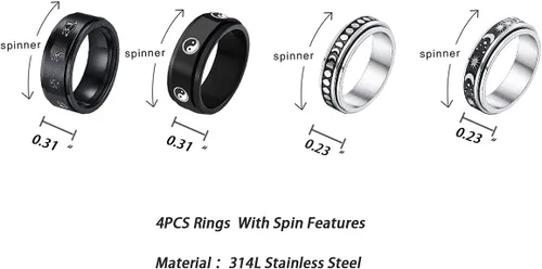 Vista 2 de yfstyle 4 anillos de banda lisa para hombres, anillos de acero inoxidable para hombres, anillos de boda geniales para hombres, anillos giratorios