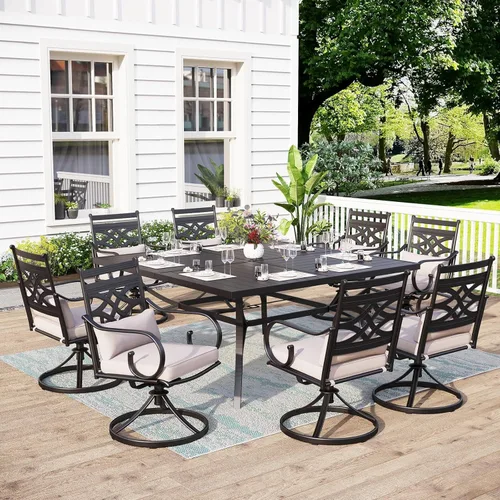 Vista 6 de MFSTUDIO Mesa de comedor al aire libre cuadrada de 60" de metal, mesa grande de patio con 8 plazas y agujero ajustable para sombrilla para terraza