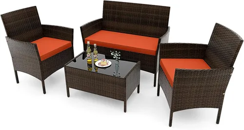 Vista 18 de RELAX4LIFE Juego de muebles de patio de 4 piezas – Juego de muebles de ratán para conversación al aire libre con cojines, mesa de centro de cristal