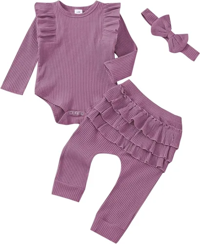 Vista 11 de Ropa de bebé para niña recién nacida, conjunto de trajes de otoño e invierno, mameluco de manga larga con volantes acanalados, juego de 3 piezas
