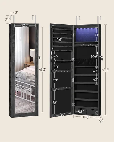 Vista 6 de Songmics - UJJC093B01 - Armario para joyas que se puede cerrar con llave, de montaje en pared o puerta, con espejo de 6 luces LED, para Negro