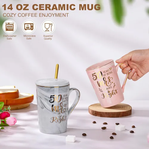 Vista 2 de Biching 50 aniversario de boda para parejas, tazas doradas del 50 aniversario para padres, abuelos, tazas de 14 onzas con cucharas, tapas, tarjeta