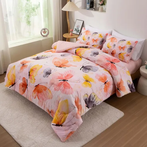 Vista 12 de Btargot Juego de edredón de 3 piezas con diseño de mariposas para niños, juego de cama con estampado de flores coloridas para mujeres y niñas