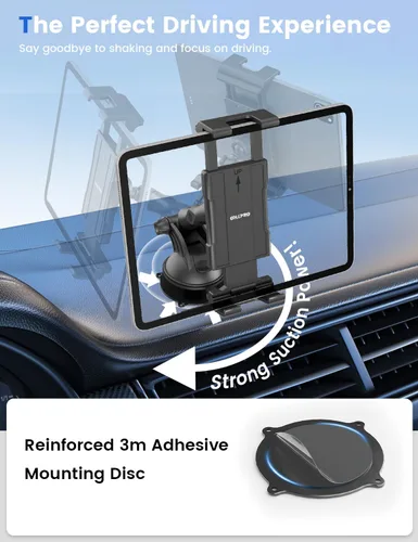 Vista 4 de OHLPRO Soporte para tablet para tablero de automóvil y parabrisas, soporte para iPad con ventosa, rotación de 360°, soporte retráctil ajustable