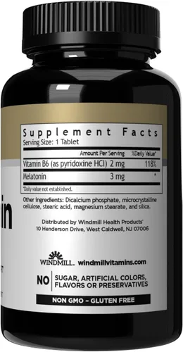 Vista 2 de Windmill Vitaminas naturales melatonina 3 mg, suplementos de melatonina para un sueño reparador, apoyo para el sueño para adultos, sin OMG y sin
