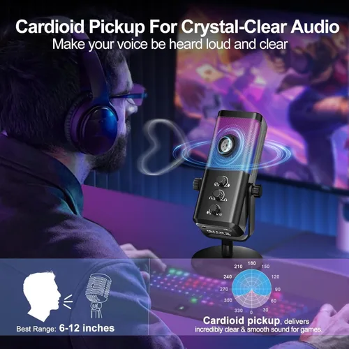 Vista 5 de Micrófono USB para juegos con equilibrio de chat de juego, micrófono de condensador RGB con cancelación de ruido, silencio rápido y monitoreo