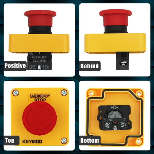 Vista 4 de Interruptor de botón de parada de emergencia, 1NC 10A 660V con caja impermeable IP65, 2 conectores negros PG13.5 (1)