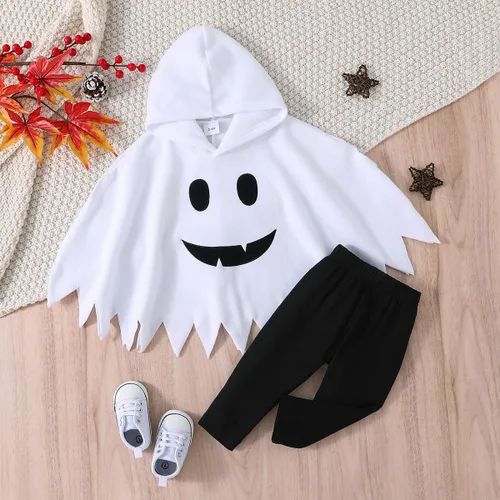Vista 3 de Noubeau Disfraz de Halloween para bebés, niños y niñas, capa de fantasma, con capucha, pantalones negros, disfraz de fantasma espeluznante, ropa