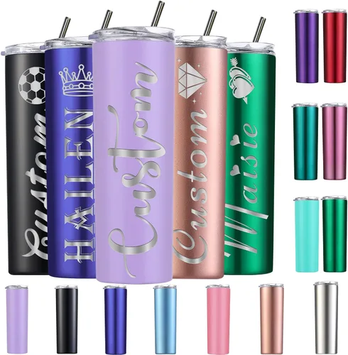 Vista 8 de Vasos delgados personalizados con tapas y popotes, vaso grabado con láser personalizado con nombre para mujer, regalo de 20 onzas, taza de acero