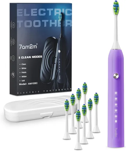 Vista 11 de 7AM2M Cepillo de dientes eléctrico sónico para adultos y niños, con 8 cabezales de cepillo y estuche de viaje, 5 modos con temporizador inteligente
